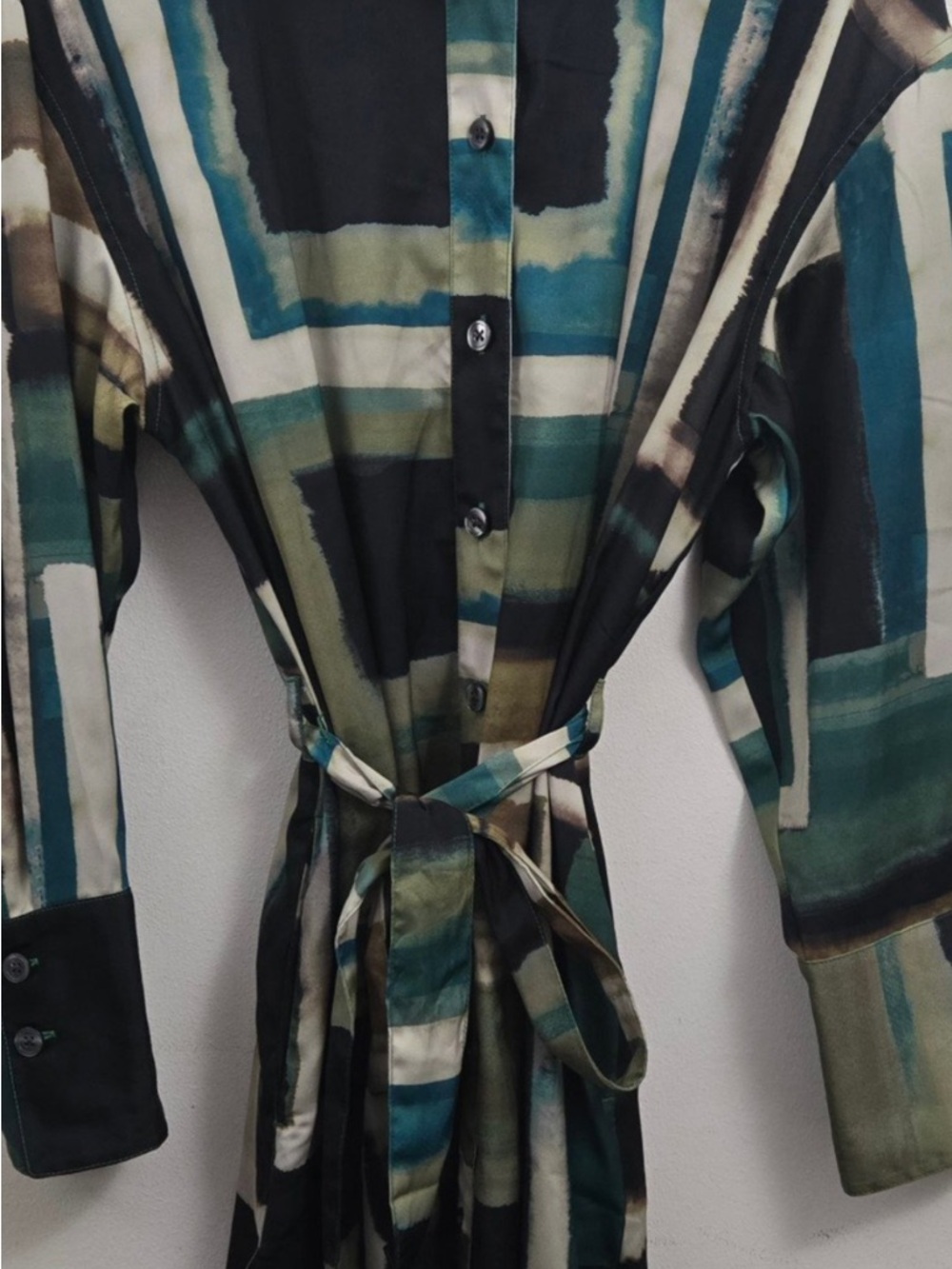 Banana Republic Teal, Black & Cream Patterned Mini Shirt Dress